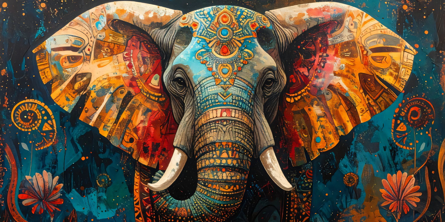 Majestic Ornate Elephant Canvas Art Print - Panoramic Abstract Teal Gold Wildlife Wall Decor