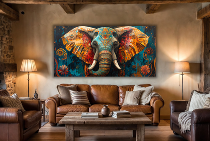 Majestic Ornate Elephant Canvas Art Print - Panoramic Abstract Teal Gold Wildlife Wall Decor
