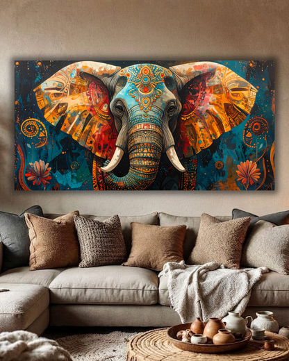 Majestic Ornate Elephant Canvas Art Print - Panoramic Abstract Teal Gold Wildlife Wall Decor