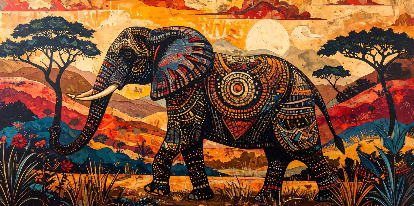 African Elephant Mosaic Canvas Print - Panoramic Sunset Safari Wildlife Wall Art
