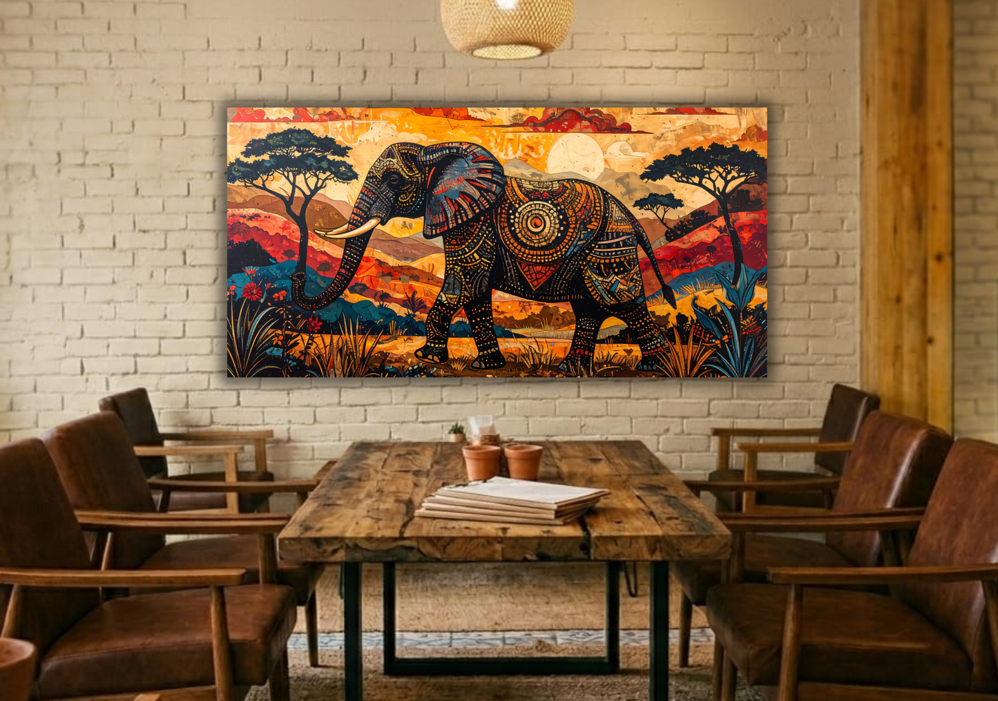 African Elephant Mosaic Canvas Print - Panoramic Sunset Safari Wildlife Wall Art