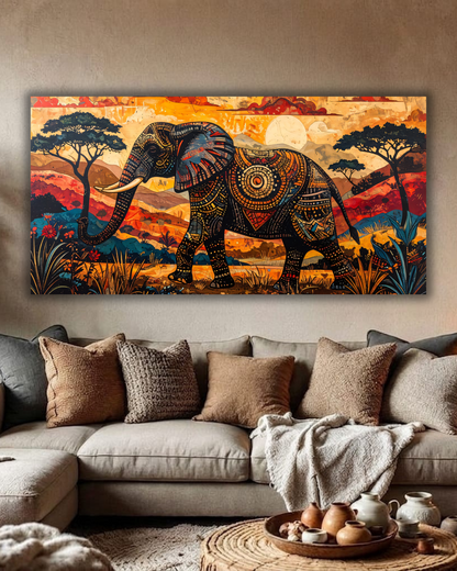 African Elephant Mosaic Canvas Print - Panoramic Sunset Safari Wildlife Wall Art