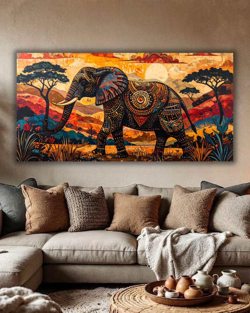 African Elephant Mosaic Canvas Print - Panoramic Sunset Safari Wildlife Wall Art