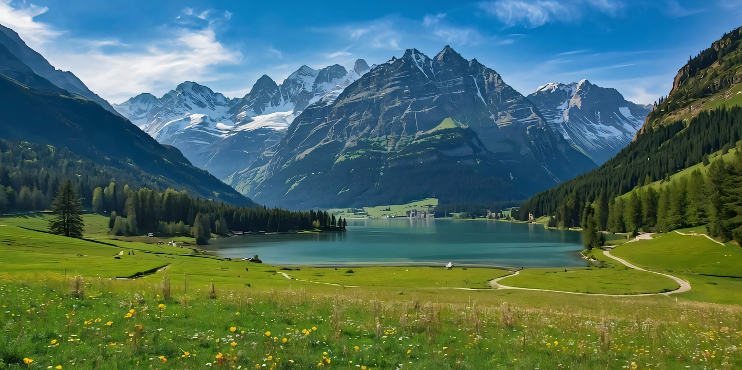 Swiss Alps Mountain Lake Canvas Print - Panoramic Green Valley Wilderness Landscape Wall Decor