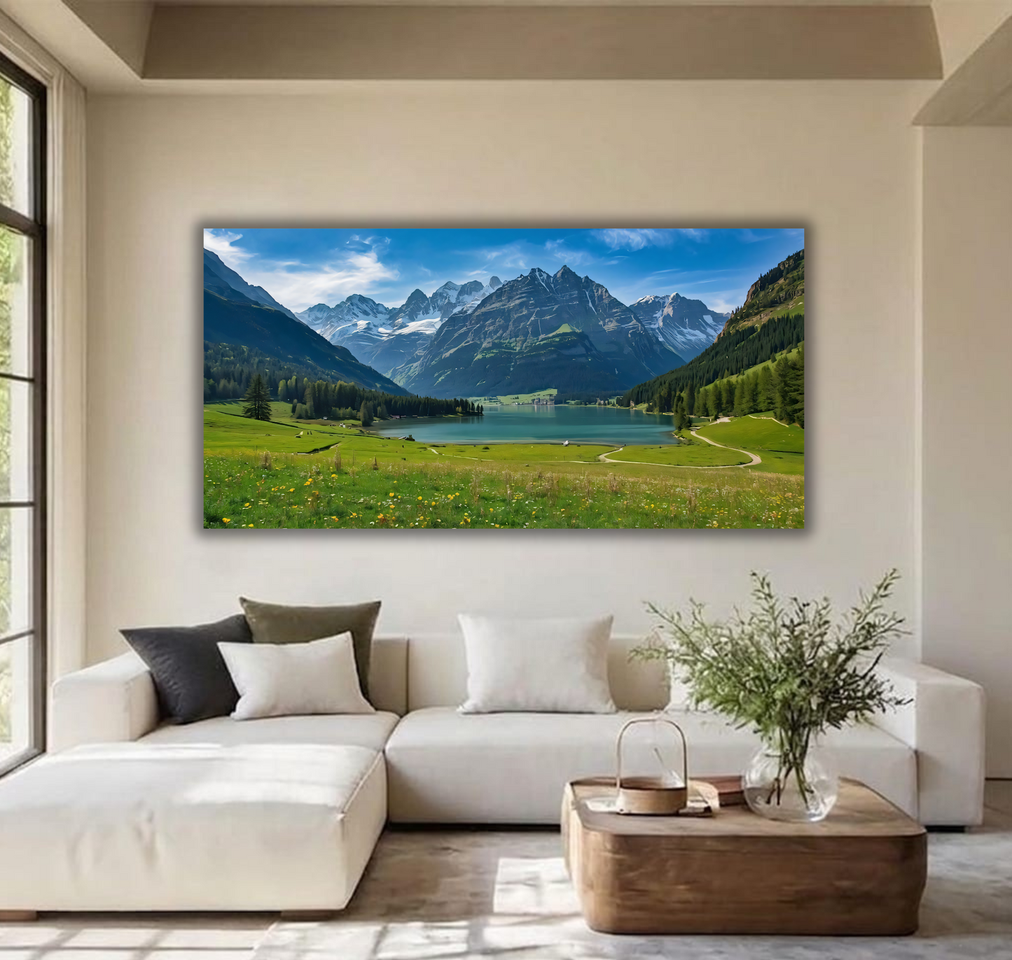 Swiss Alps Mountain Lake Canvas Print - Panoramic Green Valley Wilderness Landscape Wall Decor
