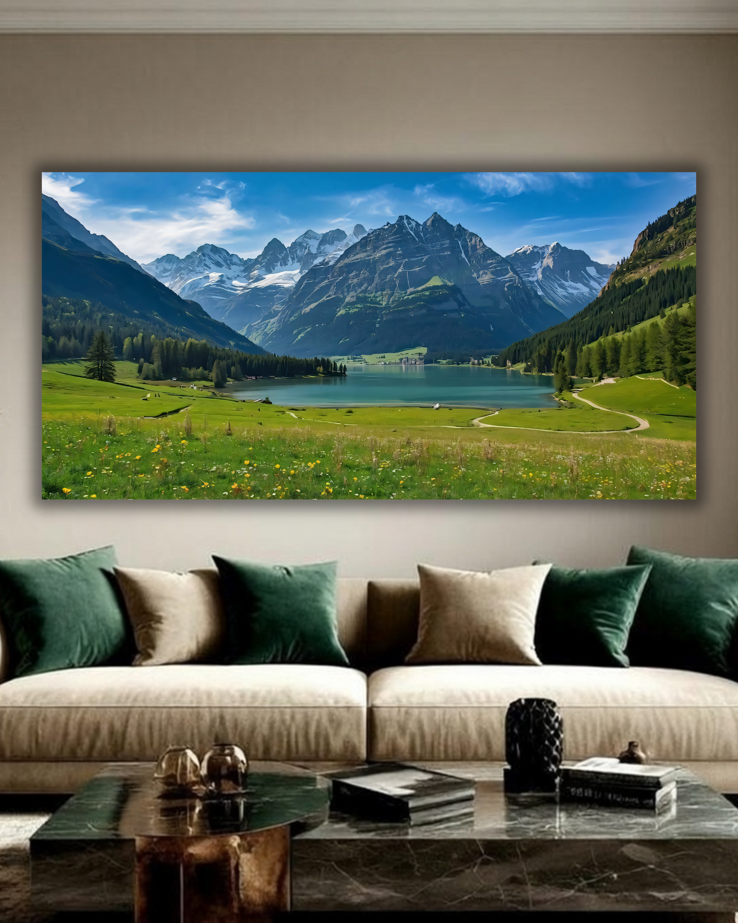 Swiss Alps Mountain Lake Canvas Print - Panoramic Green Valley Wilderness Landscape Wall Decor