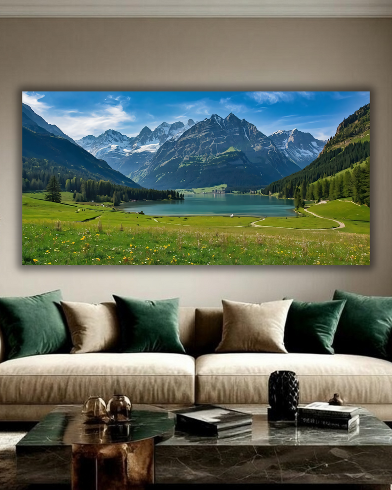 Swiss Alps Mountain Lake Canvas Print - Panoramic Green Valley Wilderness Landscape Wall Decor