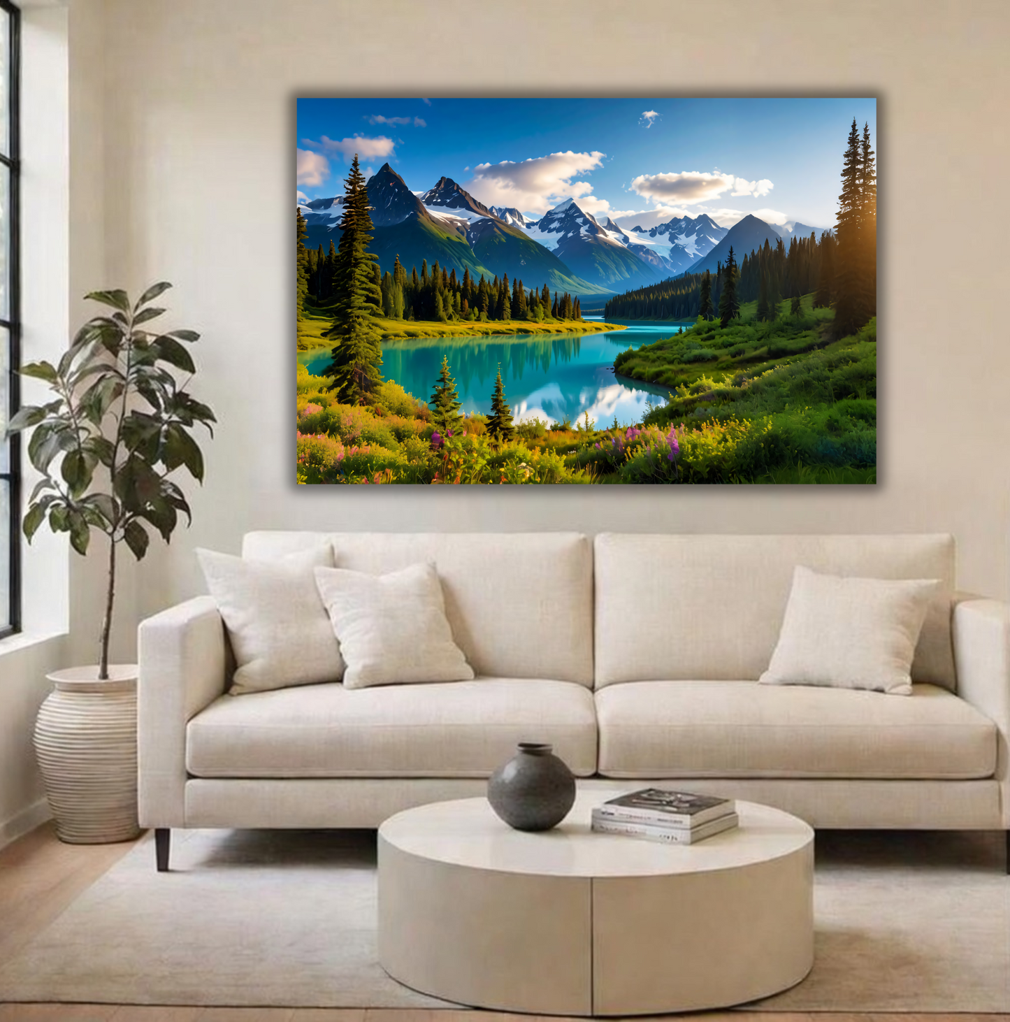 Rocky Mountains Turquoise Lake Canvas Print - Panoramic Alpine Valley Landscape Wall Decor