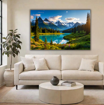 Rocky Mountains Turquoise Lake Canvas Print - Panoramic Alpine Valley Landscape Wall Decor