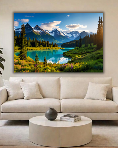 Rocky Mountains Turquoise Lake Canvas Print - Panoramic Alpine Valley Landscape Wall Decor