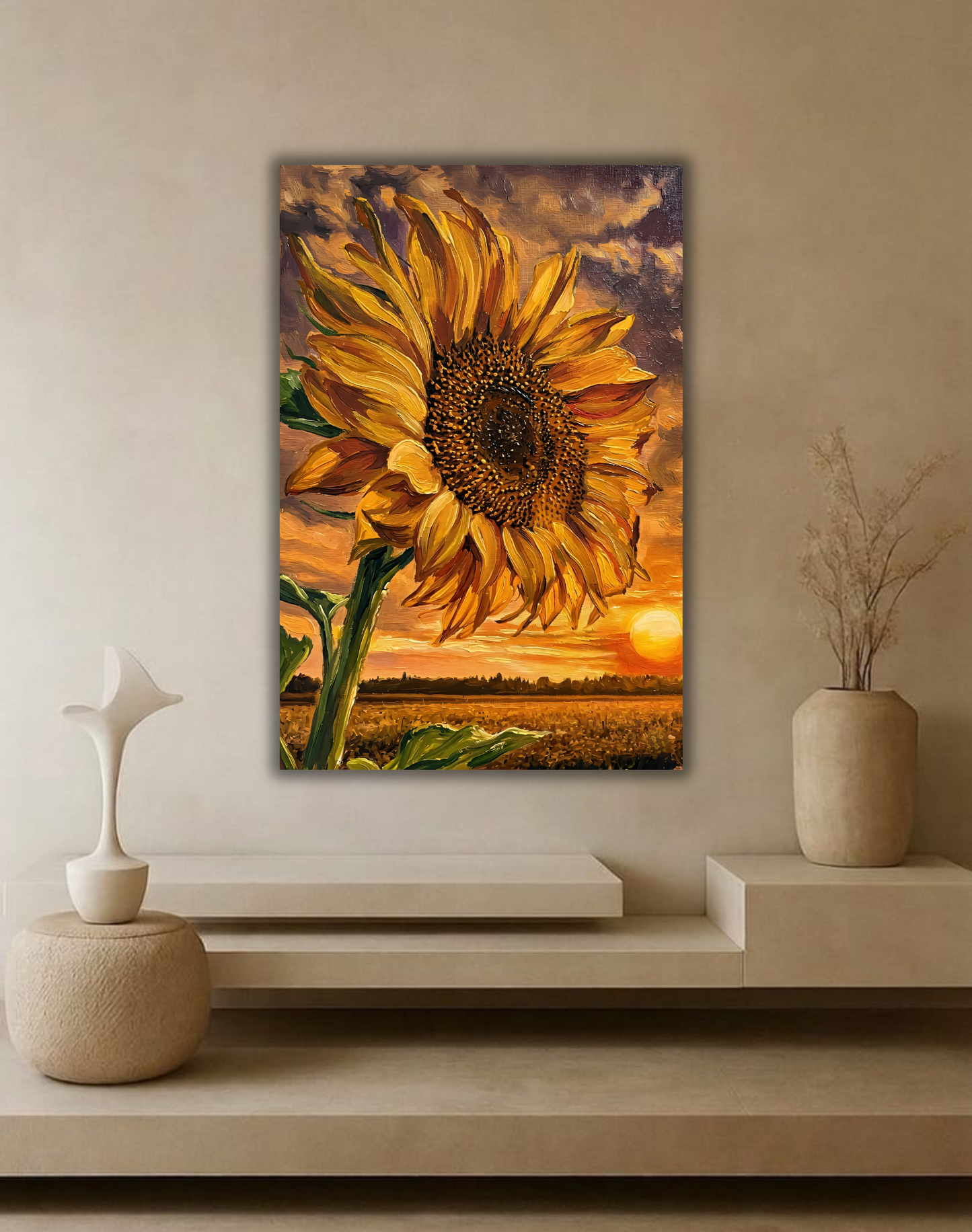 Rustic Sunflower Field Canvas Print - Textured Impressionist Floral Sunset Wall Decor