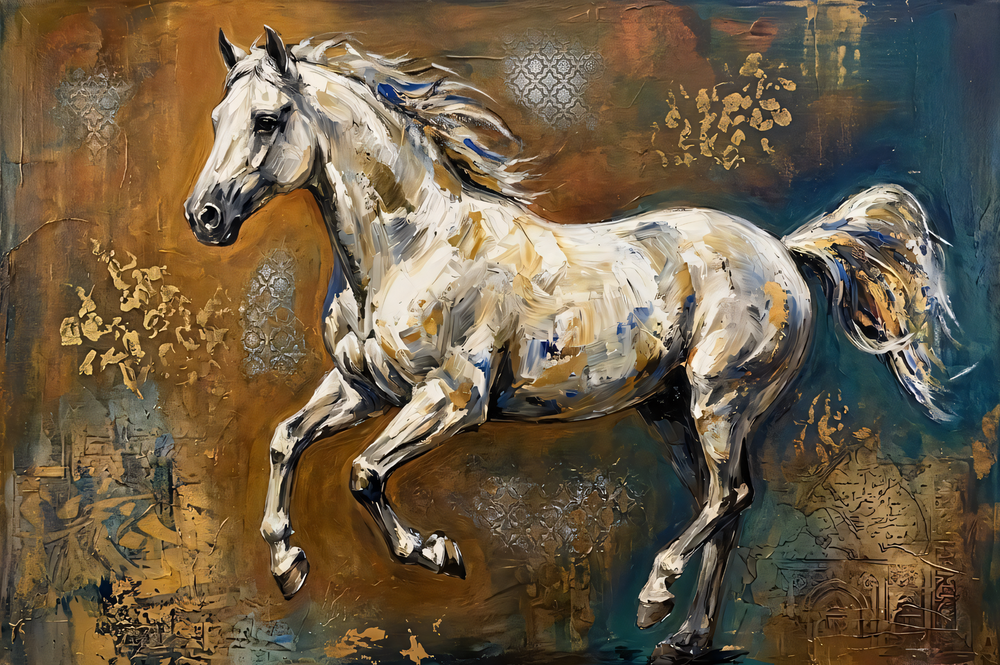 Galloping White Horse Canvas Art Print - Panoramic Abstract Wildlife Steed Wall Decor