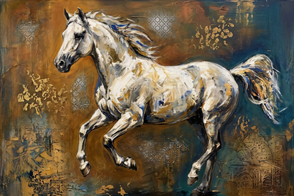 Galloping White Horse Canvas Art Print - Panoramic Abstract Wildlife Steed Wall Decor