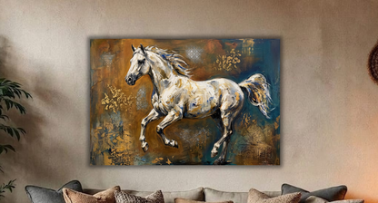 Galloping White Horse Canvas Art Print - Panoramic Abstract Wildlife Steed Wall Decor