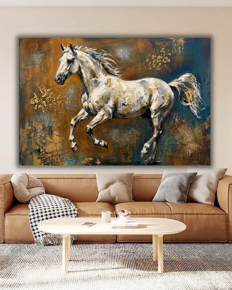 Galloping White Horse Canvas Art Print - Panoramic Abstract Wildlife Steed Wall Decor