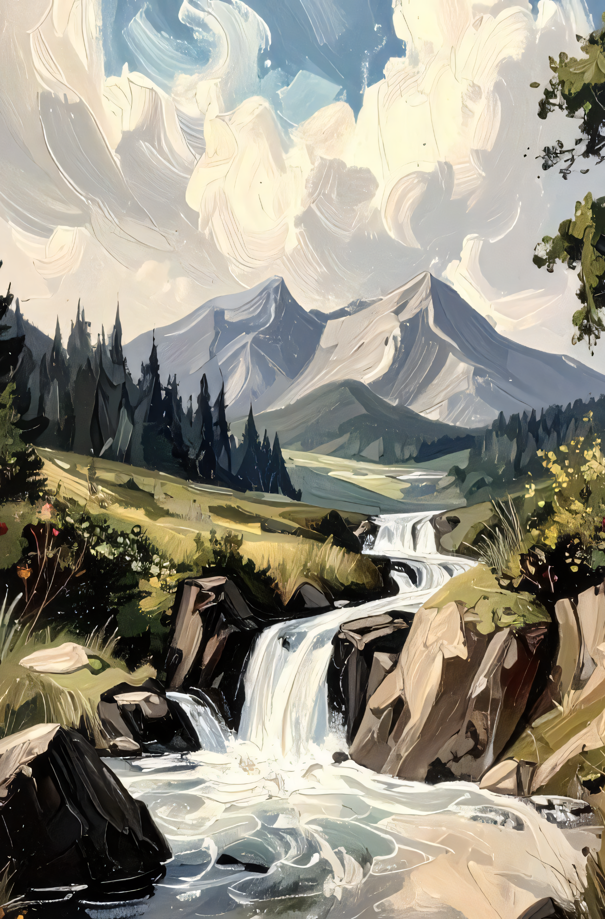 Mountain Waterfall Canvas Art Print - Impasto Rocky Ridge Landscape Wall Decor