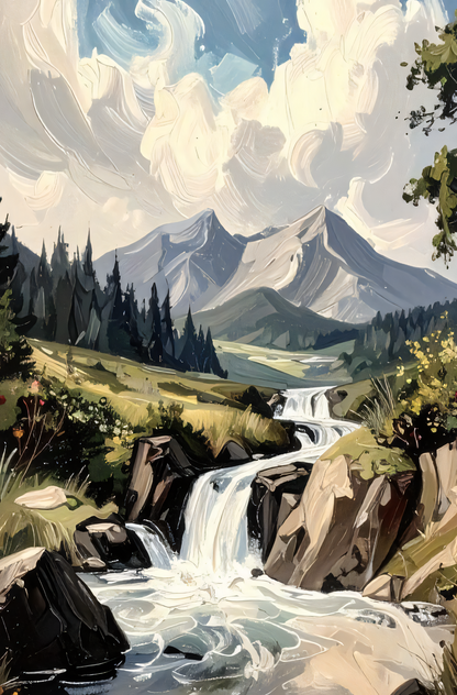Mountain Waterfall Canvas Art Print - Impasto Rocky Ridge Landscape Wall Decor