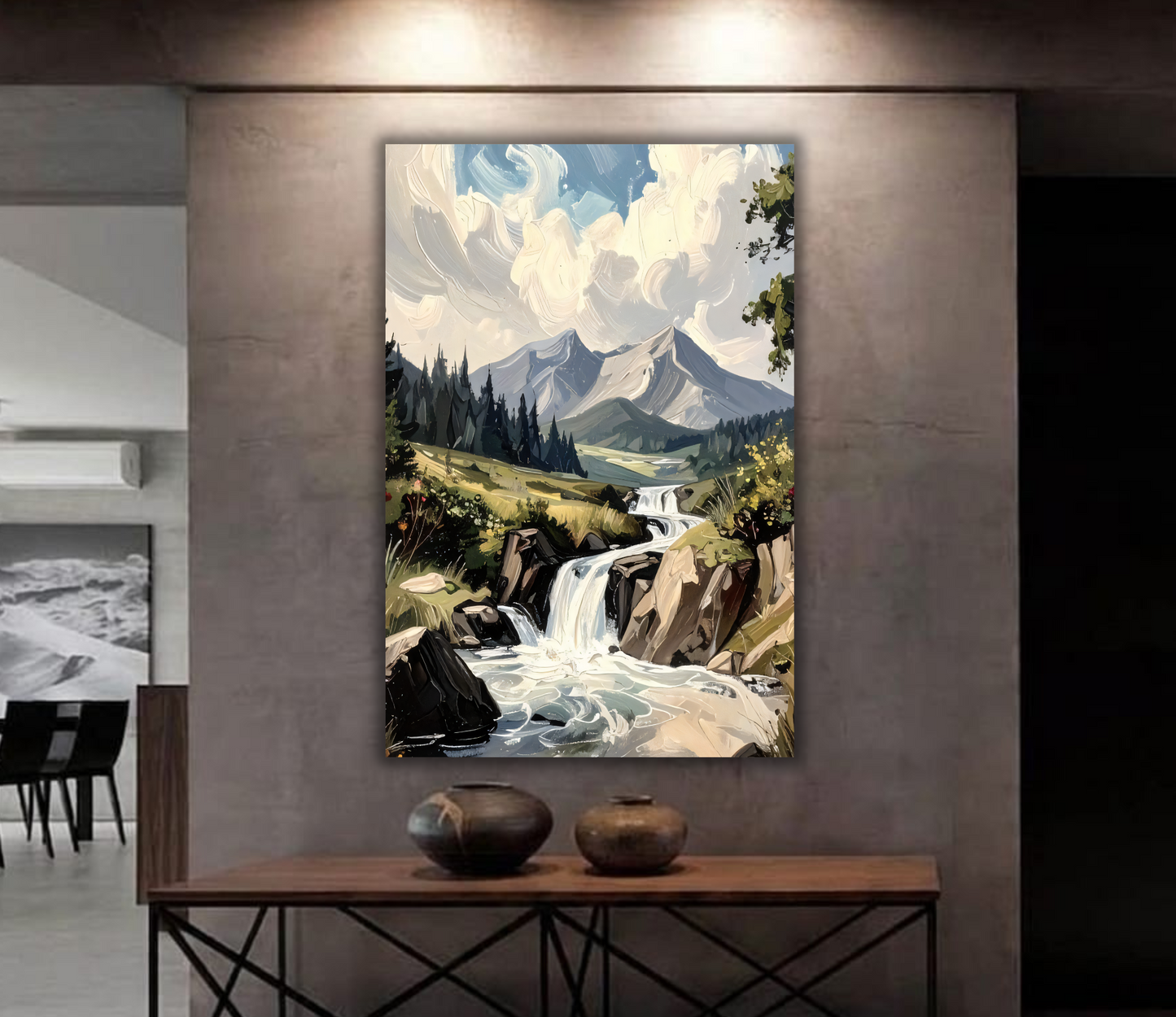 Mountain Waterfall Canvas Art Print - Impasto Rocky Ridge Landscape Wall Decor