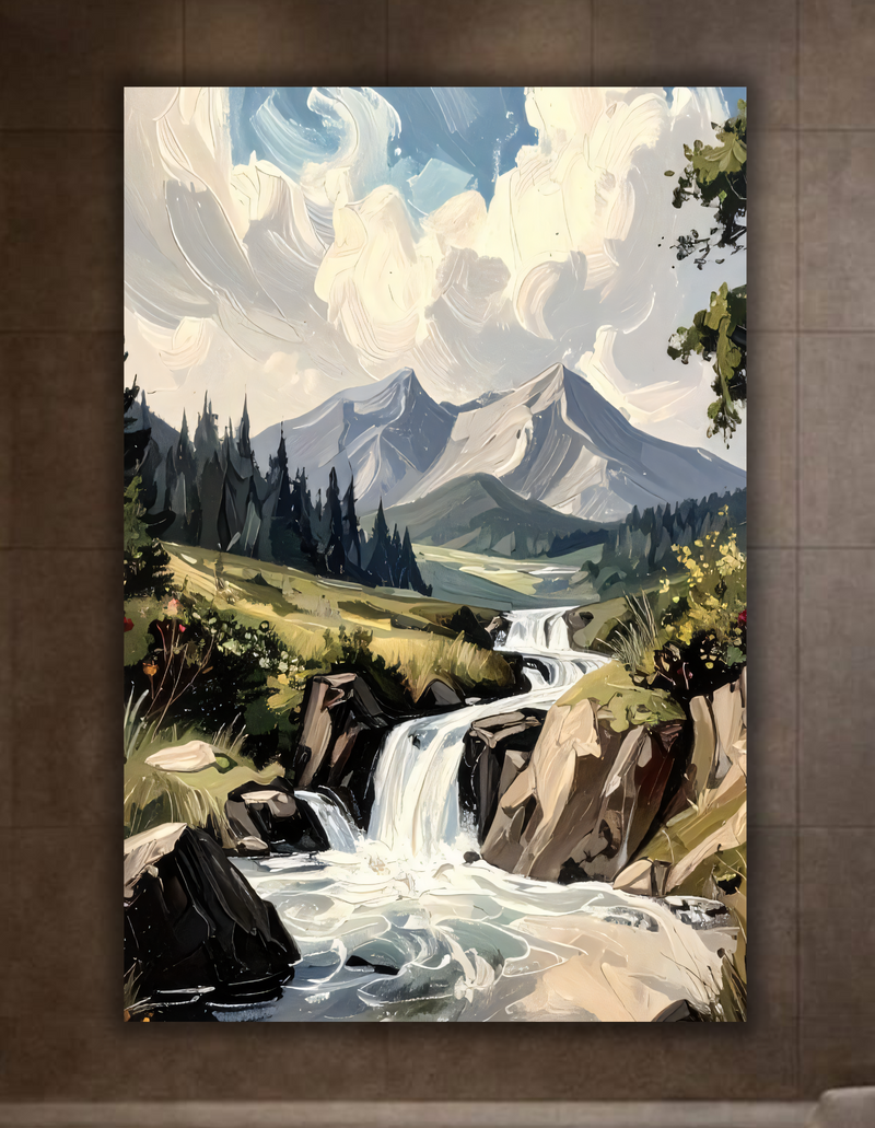 Mountain Waterfall Canvas Art Print - Impasto Rocky Ridge Landscape Wall Decor