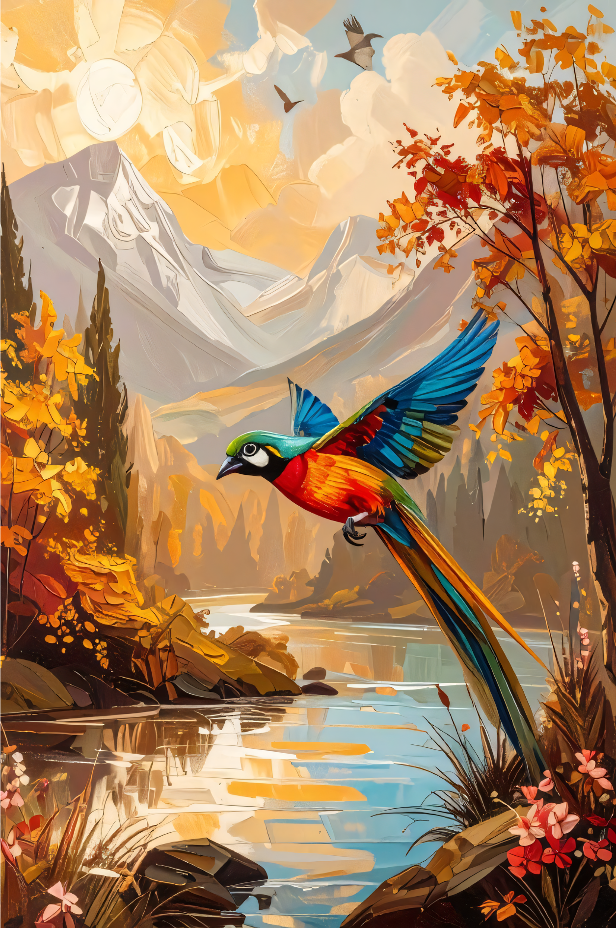 Vibrant Macaw Parrot Mountain Canvas Print - Autumn Landscape River Wildlife Wall Art