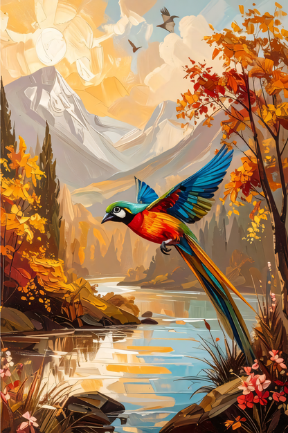 Vibrant Macaw Parrot Mountain Canvas Print - Autumn Landscape River Wildlife Wall Art