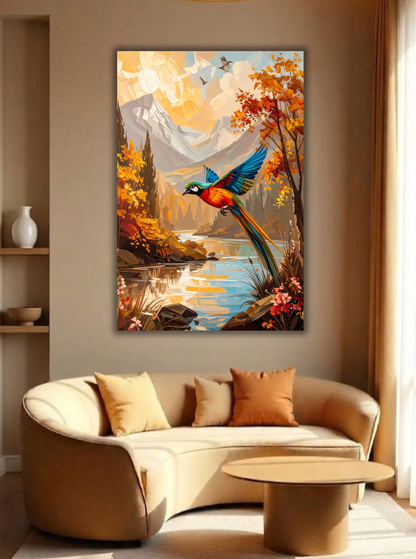 Vibrant Macaw Parrot Mountain Canvas Print - Autumn Landscape River Wildlife Wall Art