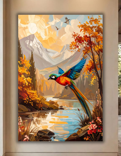 Vibrant Macaw Parrot Mountain Canvas Print - Autumn Landscape River Wildlife Wall Art
