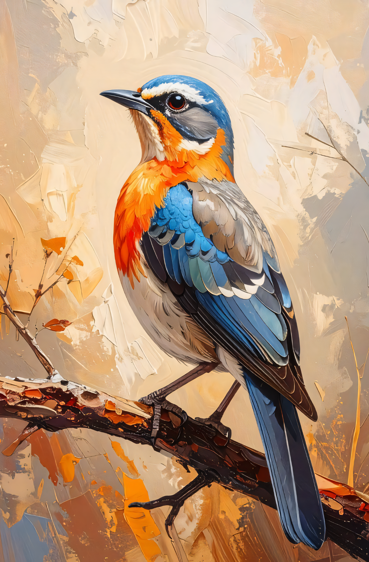 Blue and Orange Songbird Canvas Print - Modern Textured Impressionist Bird Wildlife Wall Art