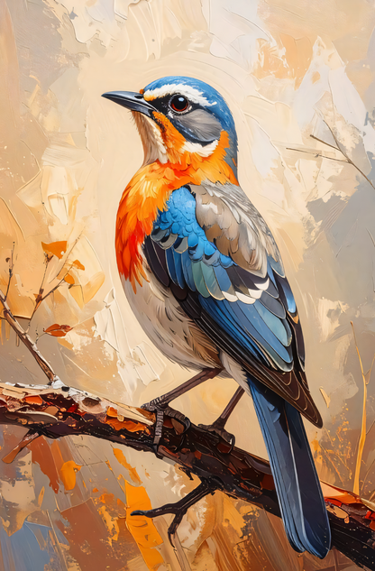 Blue and Orange Songbird Canvas Print - Modern Textured Impressionist Bird Wildlife Wall Art