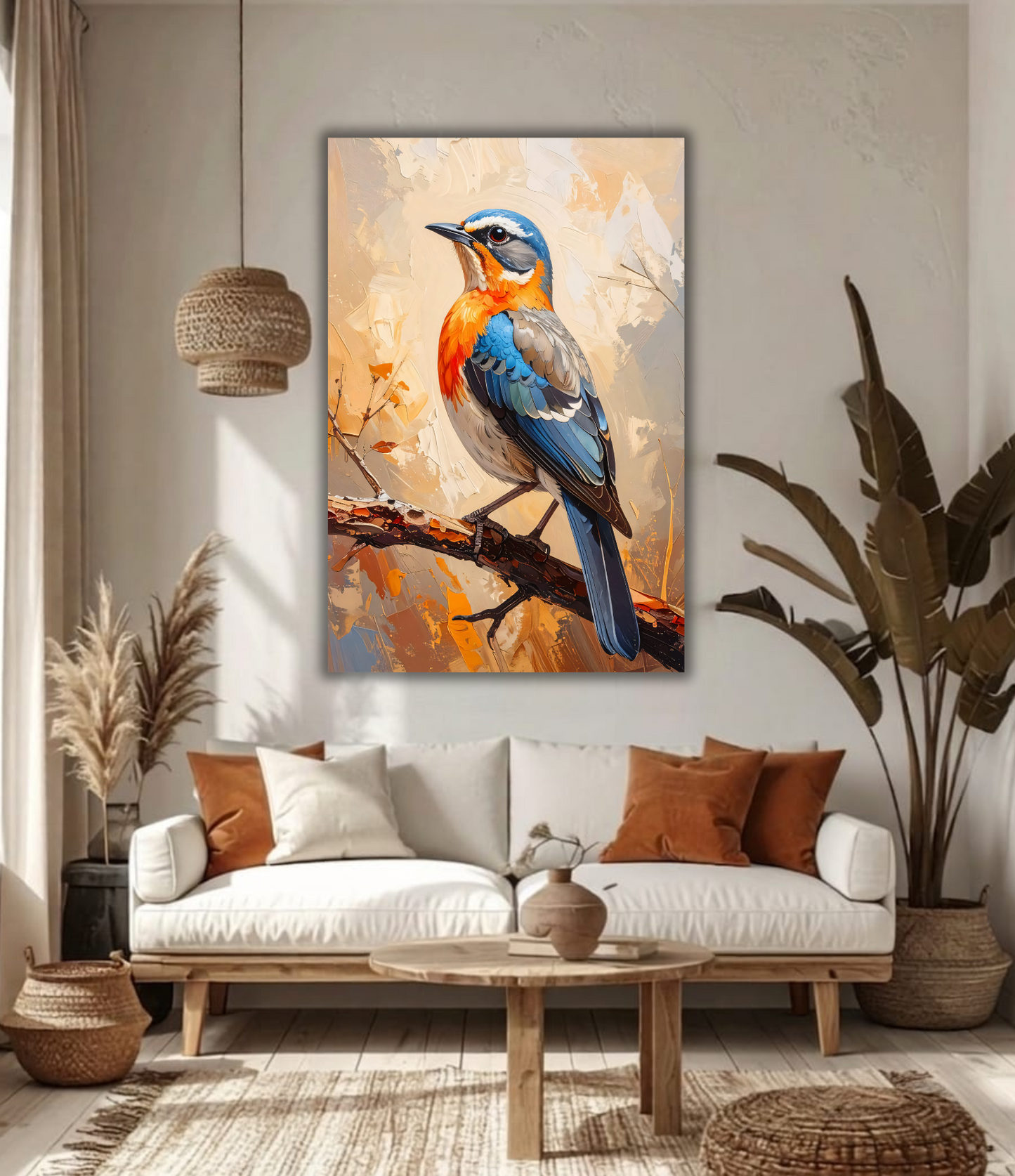 Blue and Orange Songbird Canvas Print - Modern Textured Impressionist Bird Wildlife Wall Art