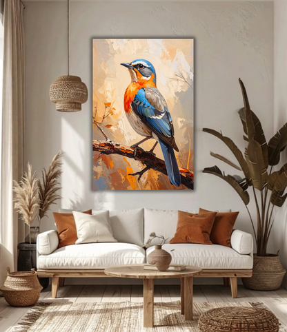 Blue and Orange Songbird Canvas Print - Modern Textured Impressionist Bird Wildlife Wall Art