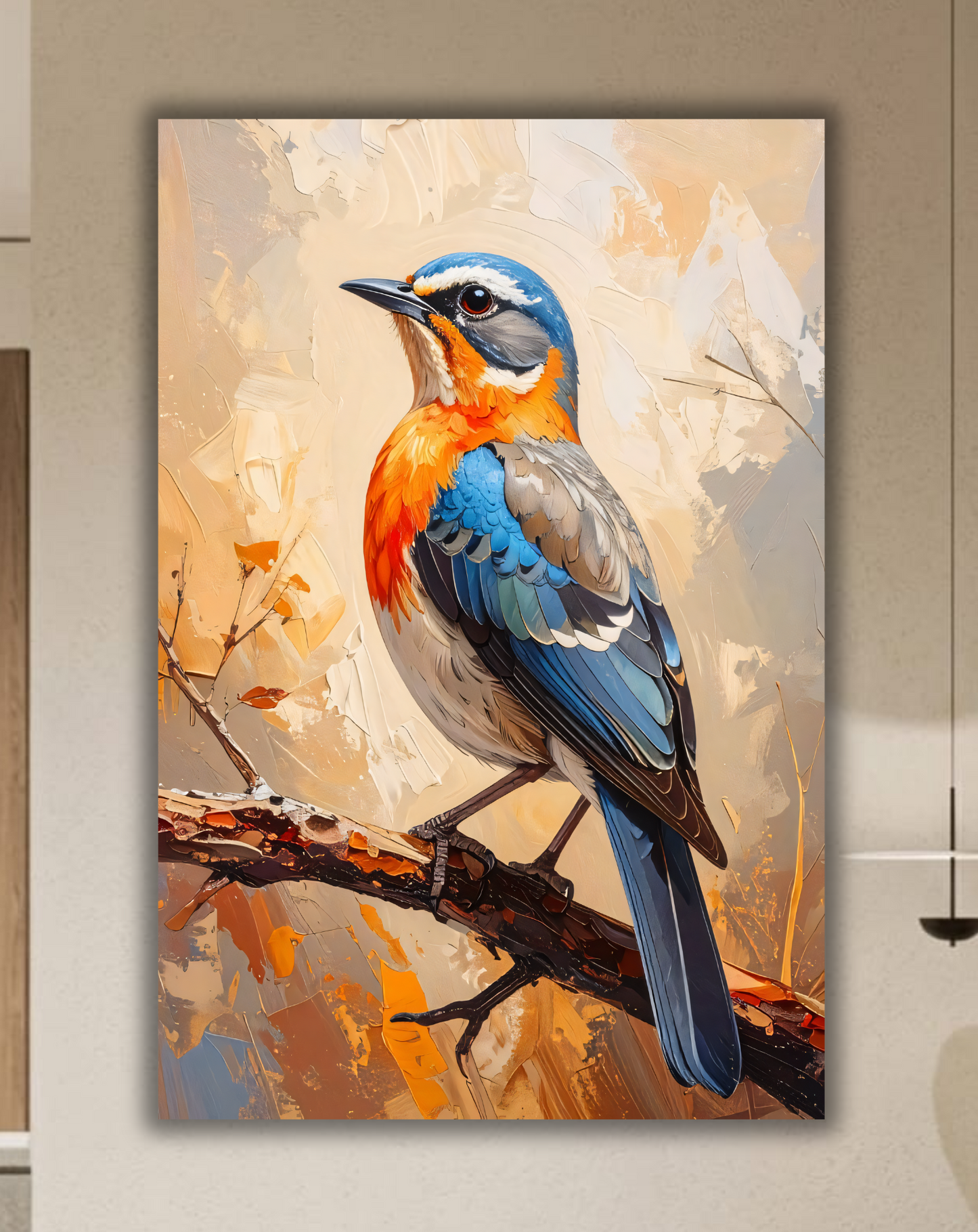 Blue and Orange Songbird Canvas Print - Modern Textured Impressionist Bird Wildlife Wall Art