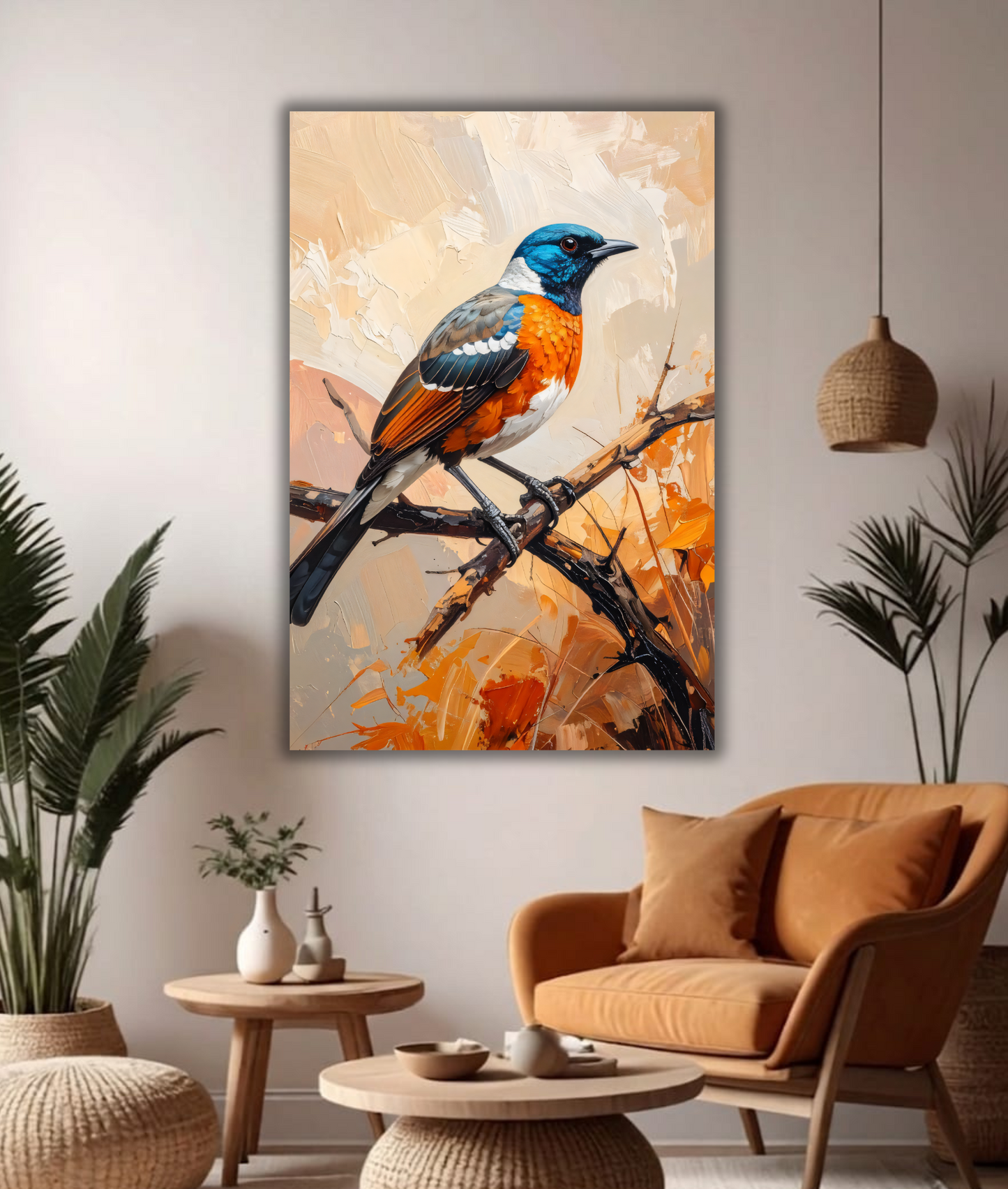 Vibrant Bluebird Canvas Wall Art - Textured Bird Oil Painting Print
