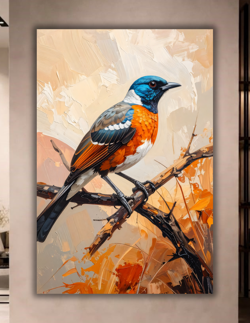 Vibrant Bluebird Canvas Wall Art - Textured Bird Oil Painting Print
