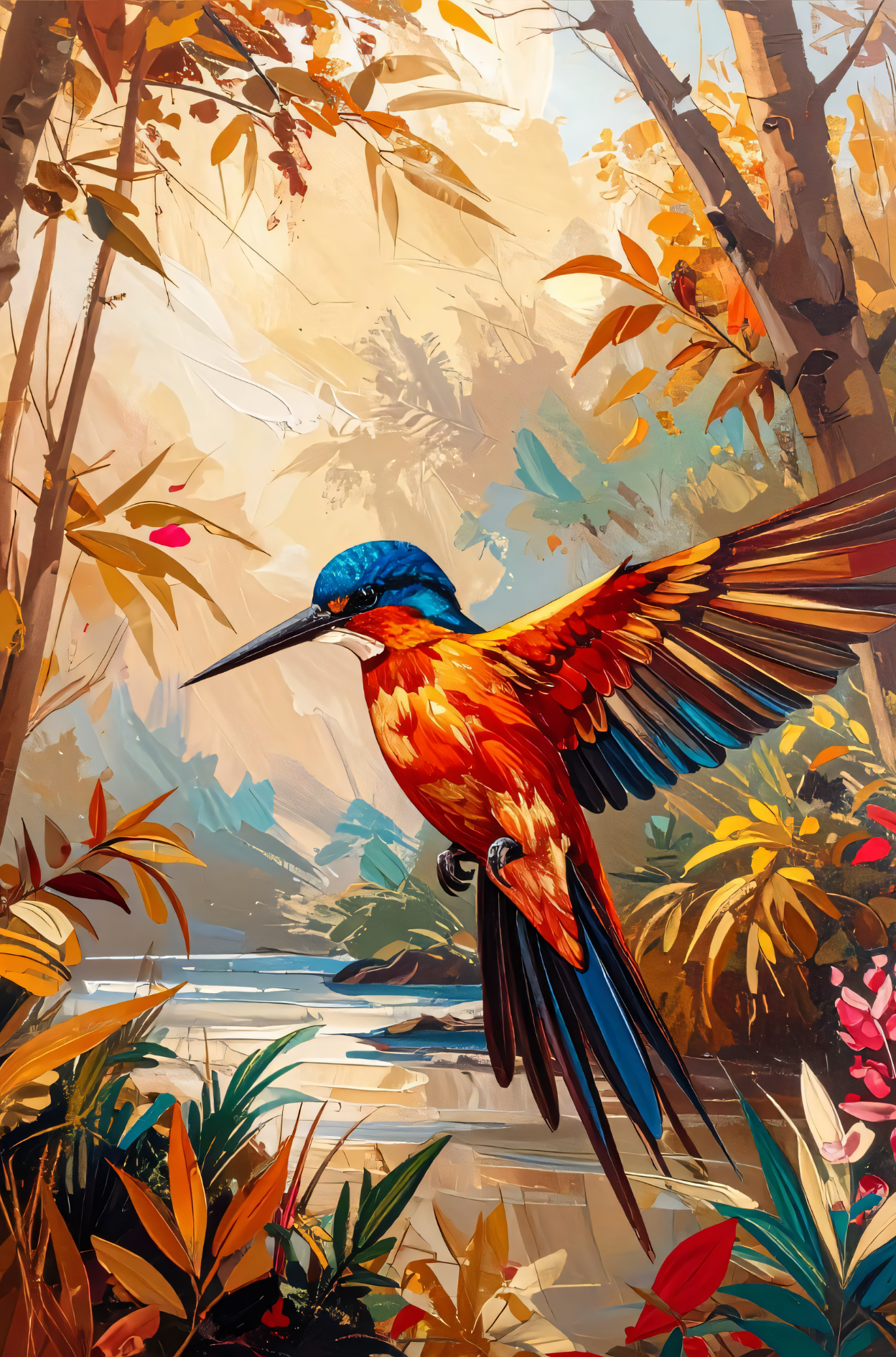 Vibrant Kingfisher Canvas Wall Art - Textured Abstract Tropical Bird Painting Print