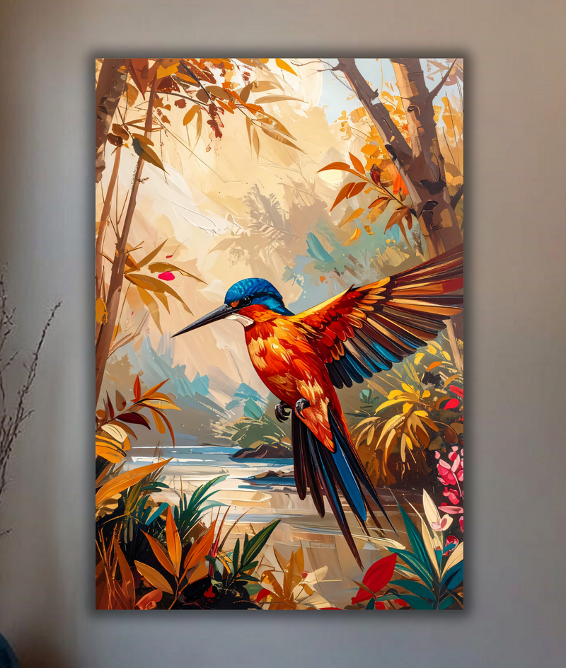 Vibrant Kingfisher Canvas Wall Art - Textured Abstract Tropical Bird Painting Print
