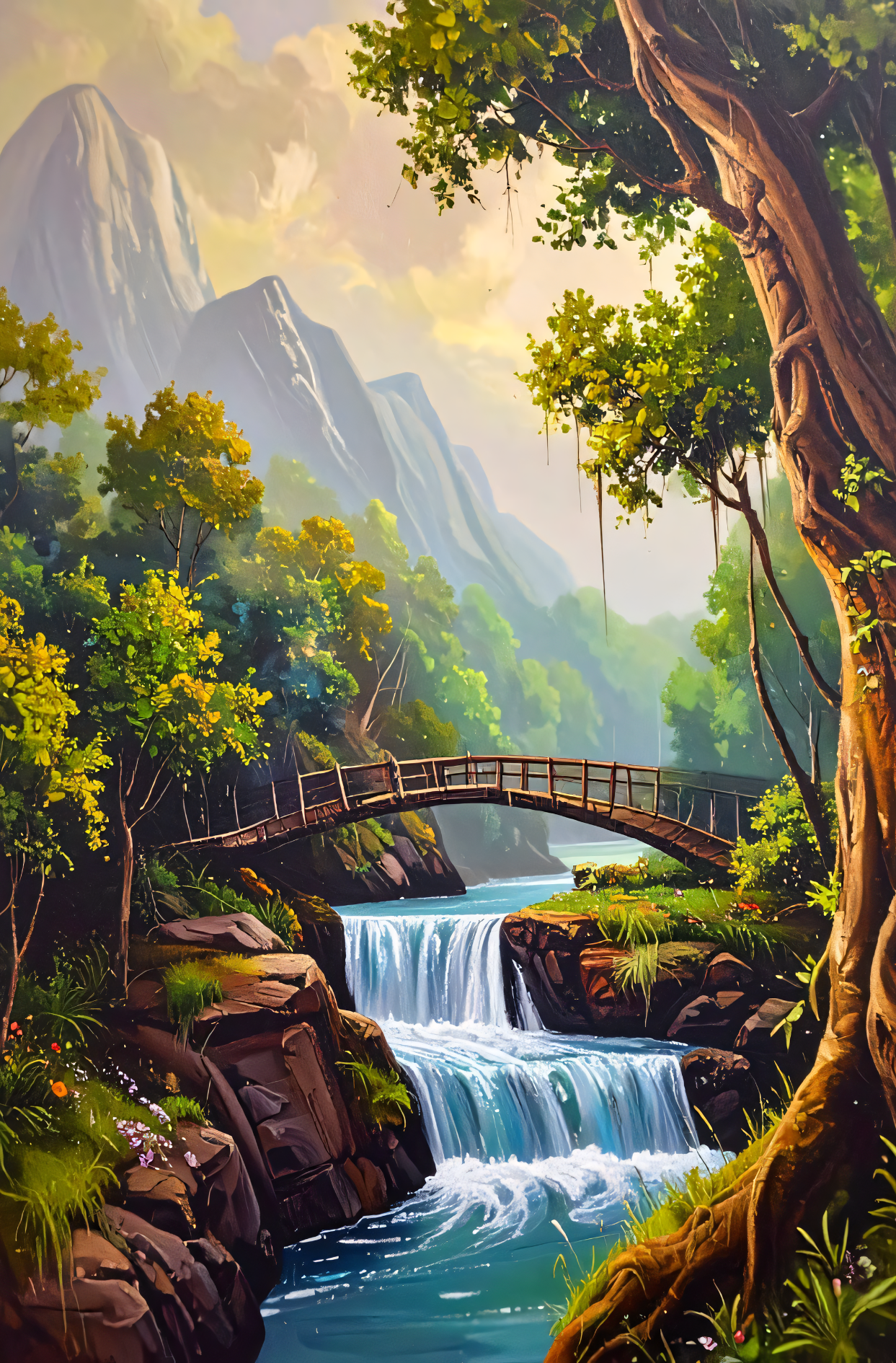 Mountain Waterfall Landscape Canvas Wall Art - Forest River & Wooden Bridge Nature Painting Print