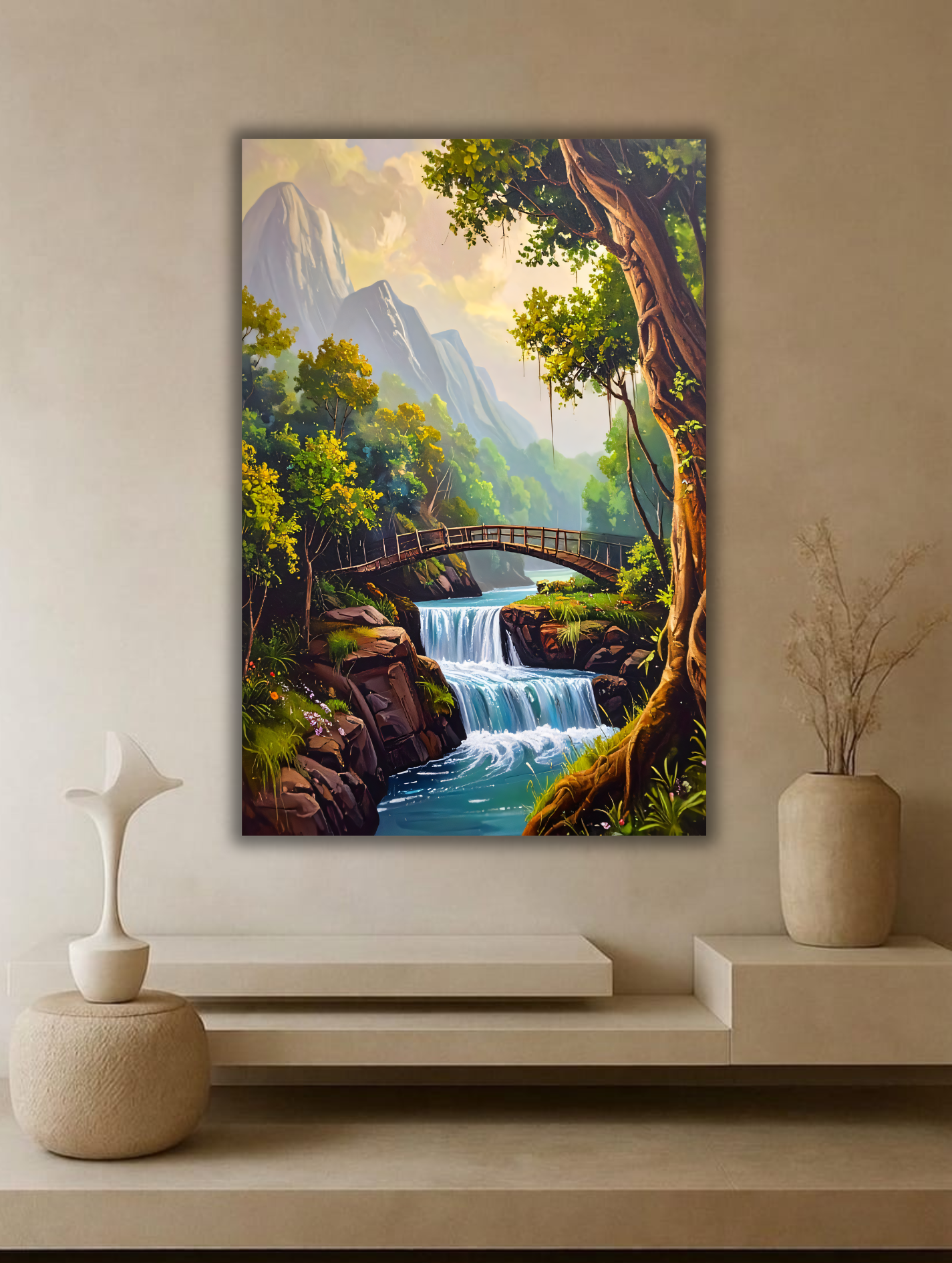 Mountain Waterfall Landscape Canvas Wall Art - Forest River & Wooden Bridge Nature Painting Print