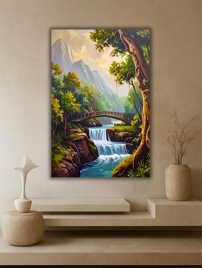 Mountain Waterfall Landscape Canvas Wall Art - Forest River & Wooden Bridge Nature Painting Print