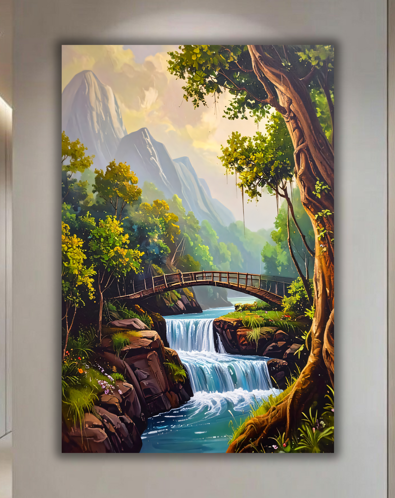 Mountain Waterfall Landscape Canvas Wall Art - Forest River & Wooden Bridge Nature Painting Print