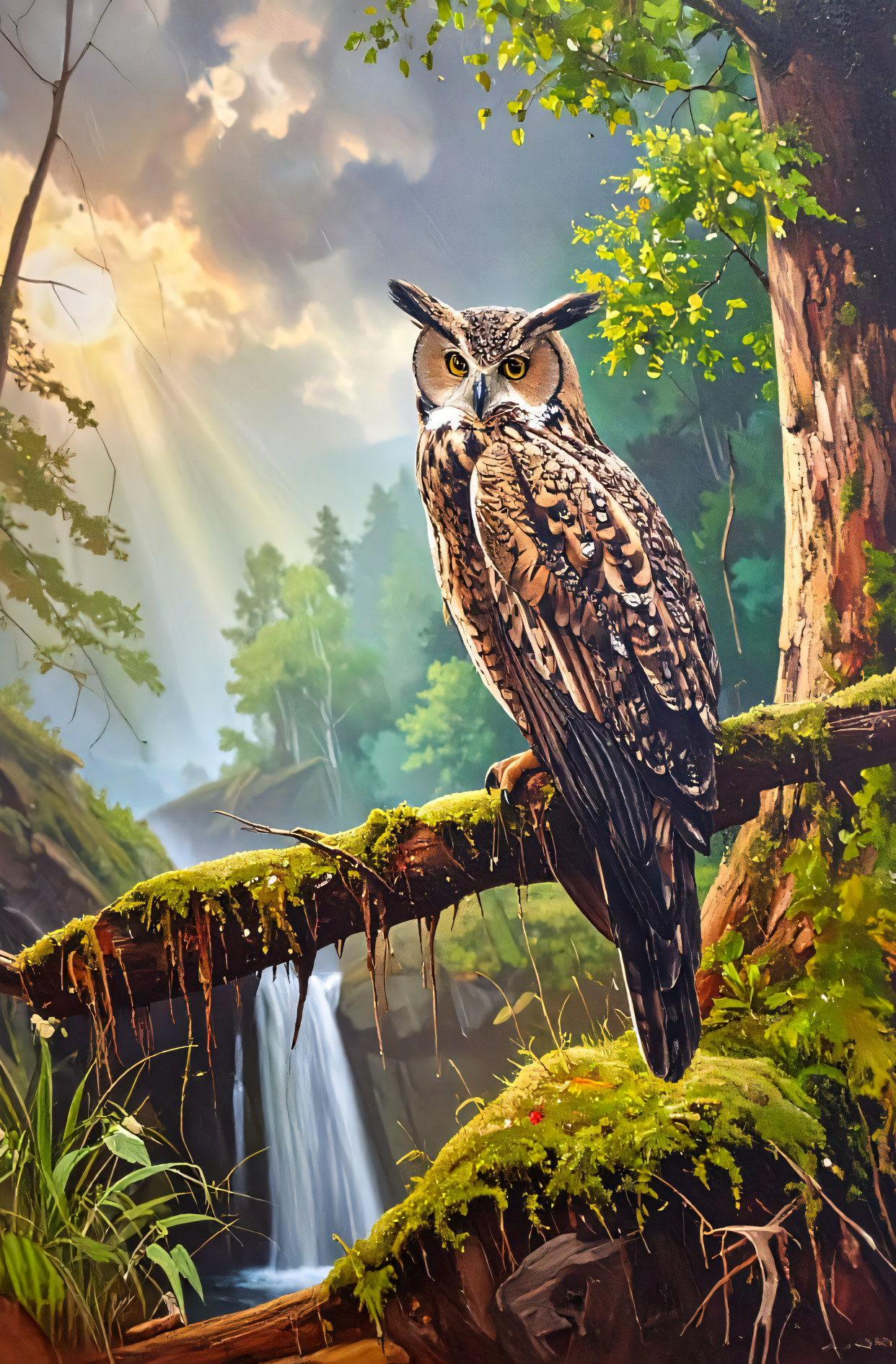 Great Horned Owl Canvas Wall Art - Enchanted Forest Waterfall Painting Print
