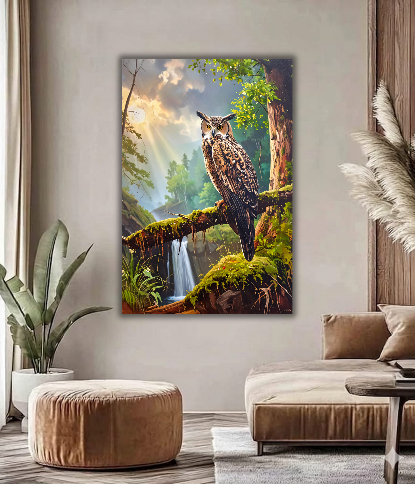 Great Horned Owl Canvas Wall Art - Enchanted Forest Waterfall Painting Print