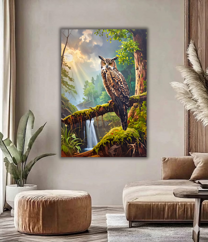 Great Horned Owl Canvas Wall Art - Enchanted Forest Waterfall Painting Print