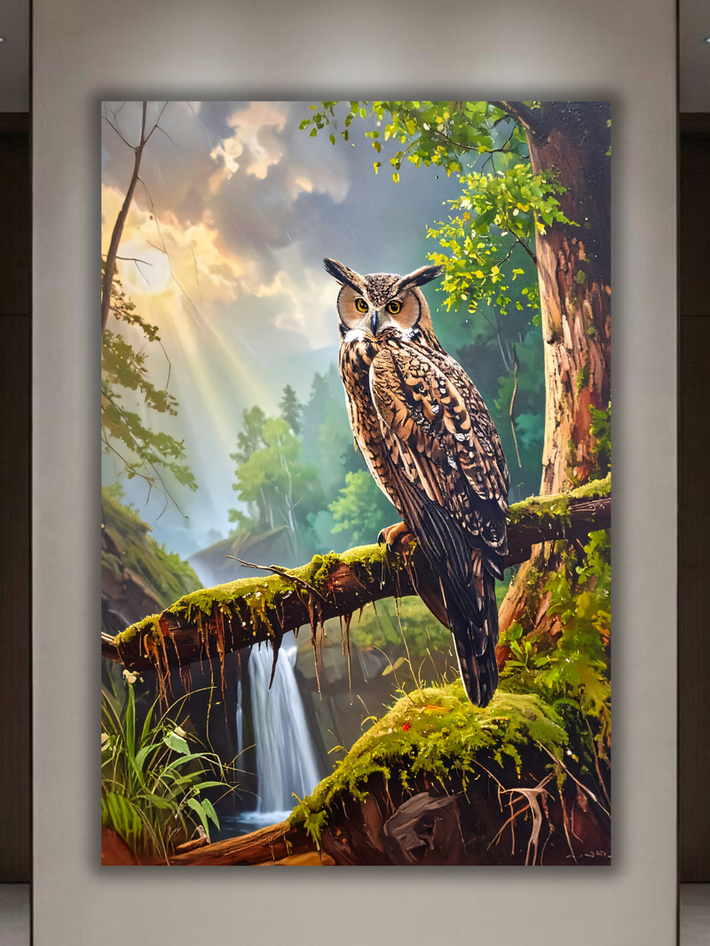 Great Horned Owl Canvas Wall Art - Enchanted Forest Waterfall Painting Print