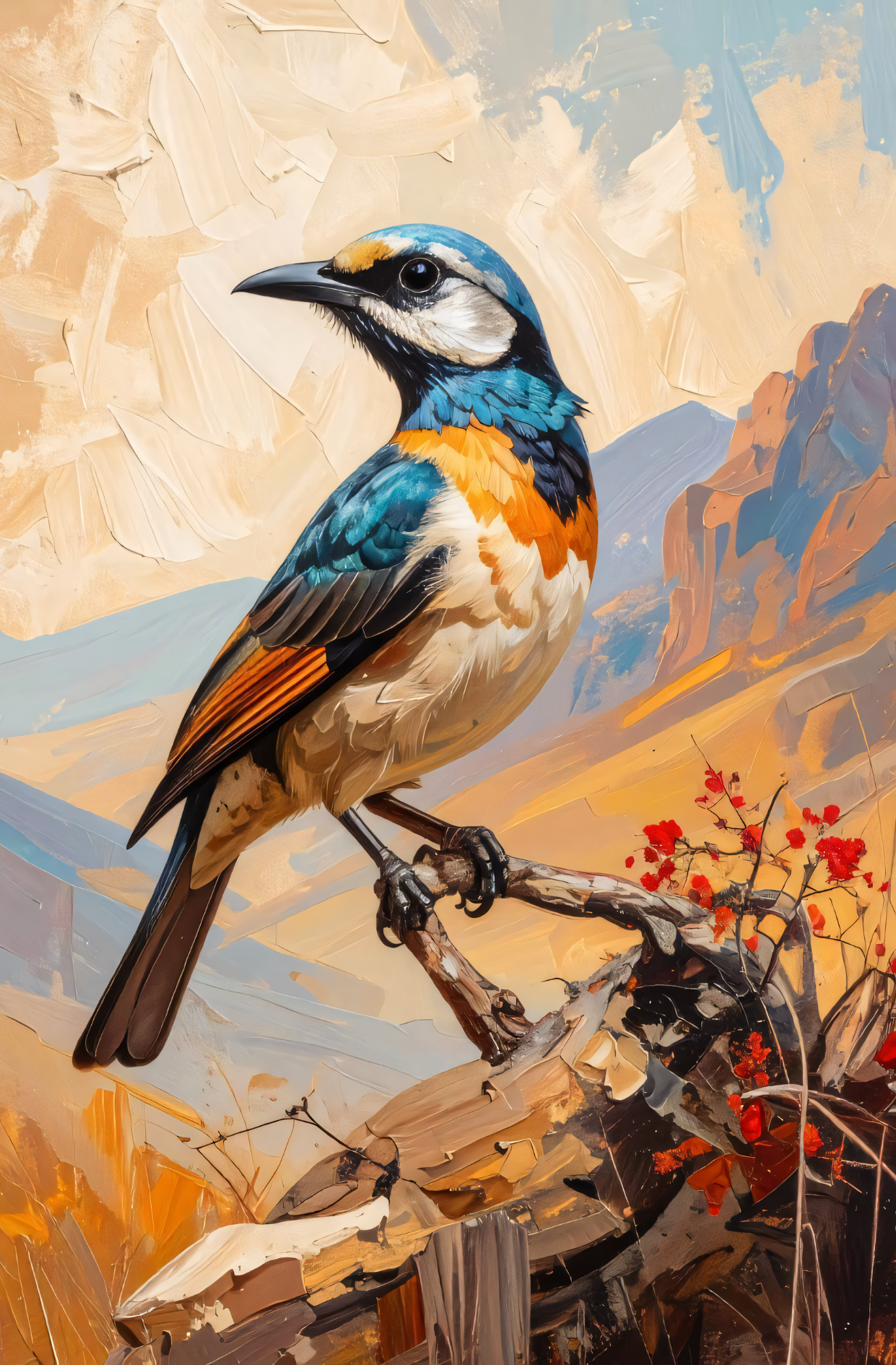 Abstract Desert Bird Canvas Wall Art - Textured Impasto Songbird Painting Print, Gallery Wrapped Southwestern Nature Decor for Living Room