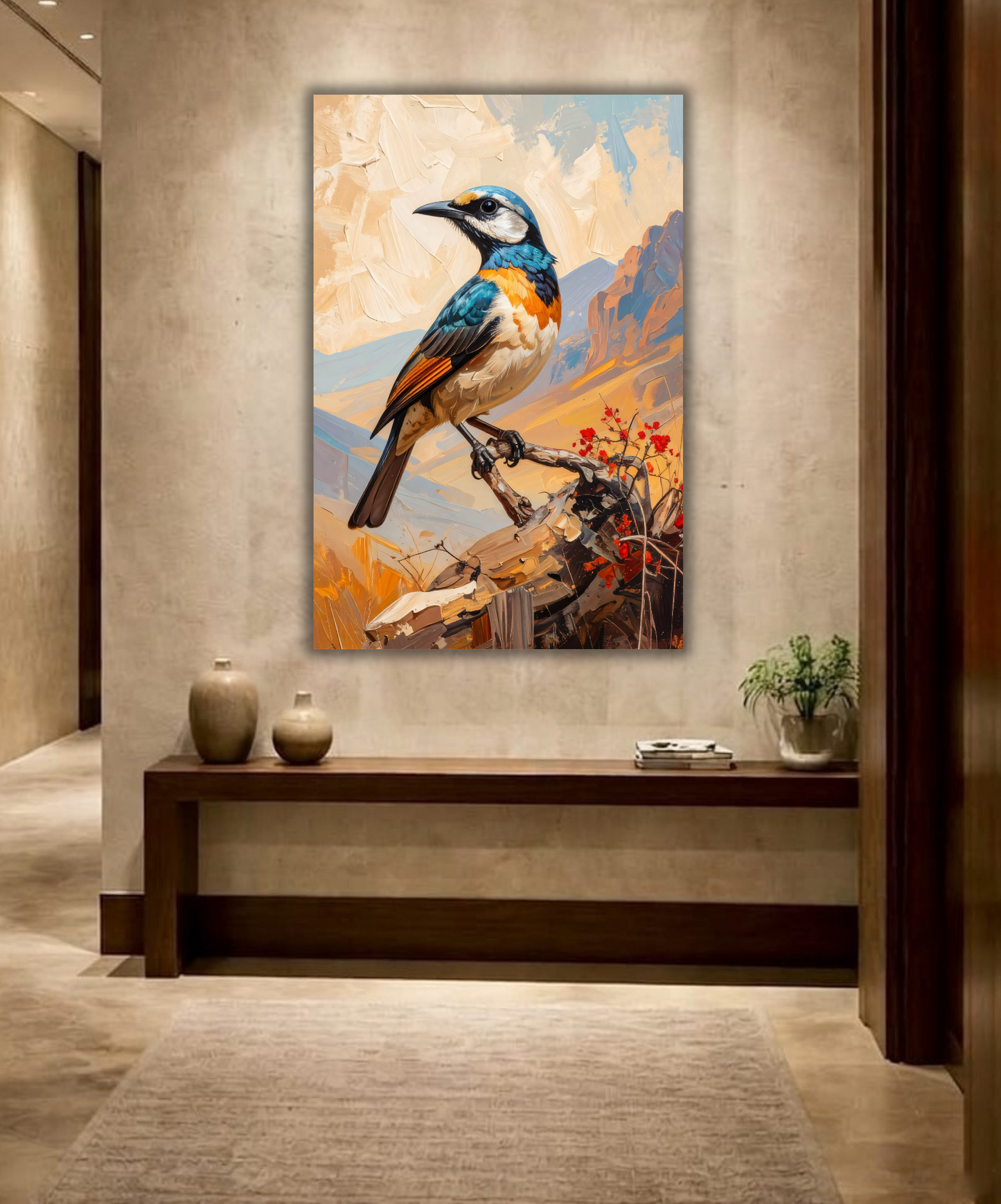 Abstract Desert Bird Canvas Wall Art - Textured Impasto Songbird Painting Print, Gallery Wrapped Southwestern Nature Decor for Living Room