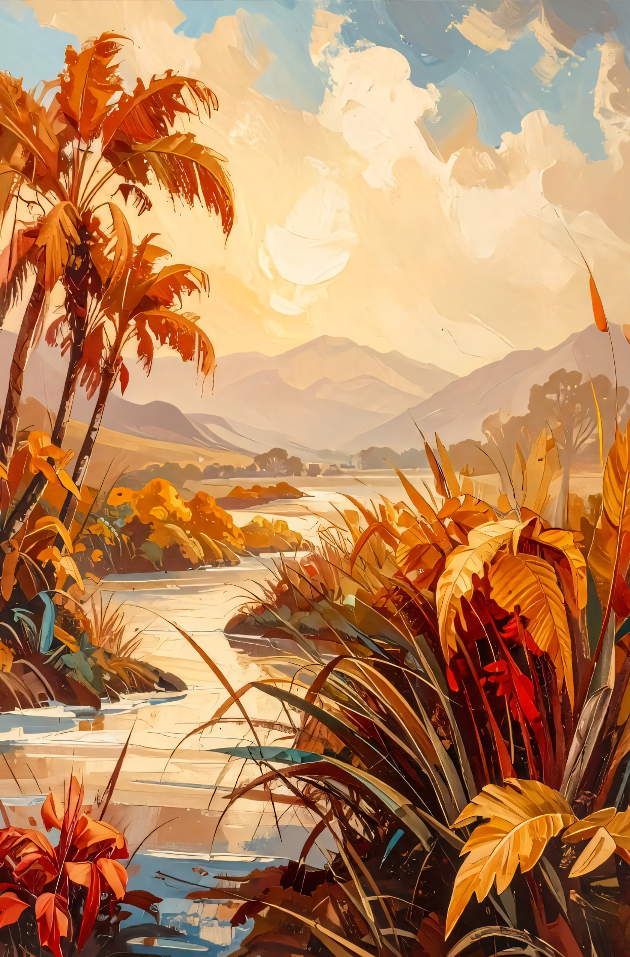Tropical River Oasis Canvas Wall Art - Textured Autumn Palm Trees & Mountain Landscape Painting Print