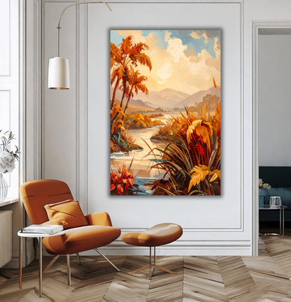 Tropical River Oasis Canvas Wall Art - Textured Autumn Palm Trees & Mountain Landscape Painting Print