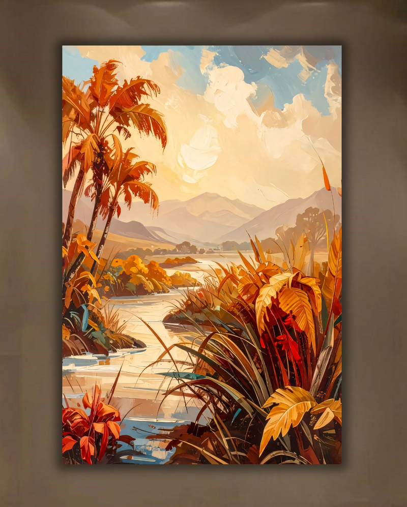 Tropical River Oasis Canvas Wall Art - Textured Autumn Palm Trees & Mountain Landscape Painting Print
