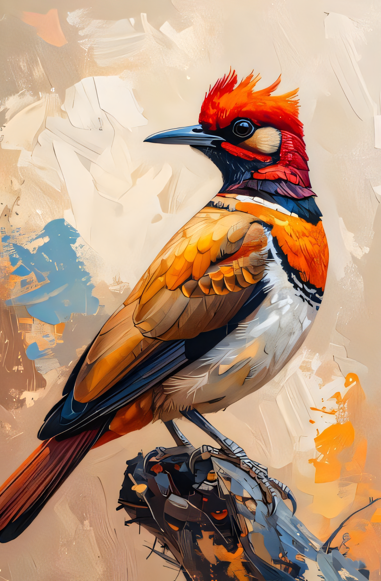 Vibrant Red-Crested Bird Canvas Wall Art - Abstract Impasto Wildlife Oil Painting Print